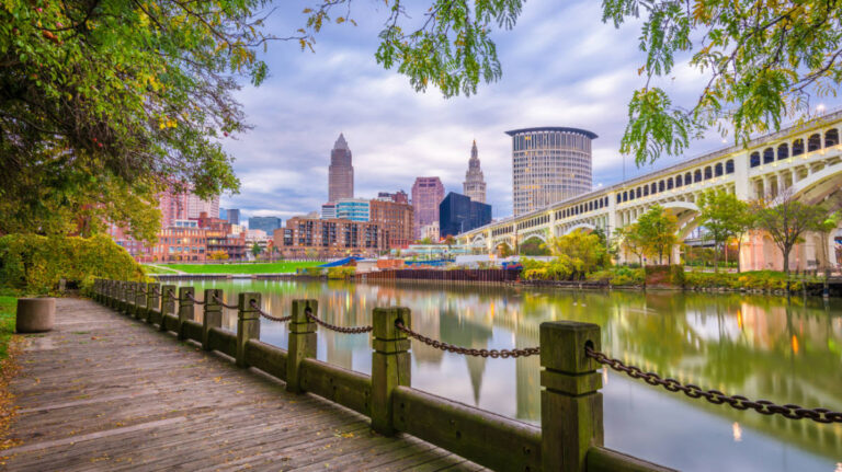 View of the serene river and buildings from Downtown Cleveland