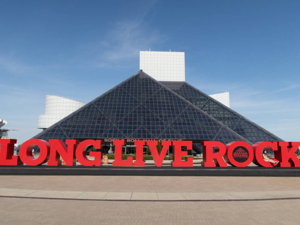 The "LONG LIVE ROCK" signage in front of the Rock and Roll Hall of Fame