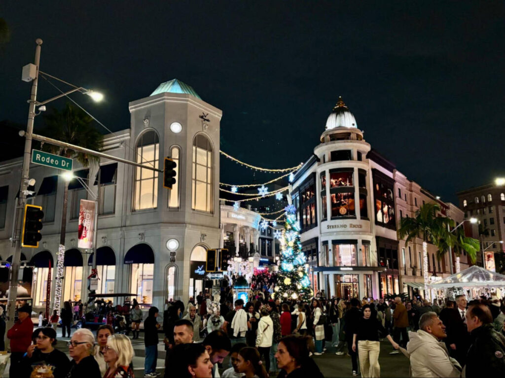 View of the crowd at the Rodeo Drive during the holidays at night