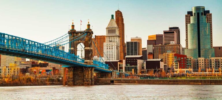 View of the Roebling Bridge and the skyline of Cincinnati