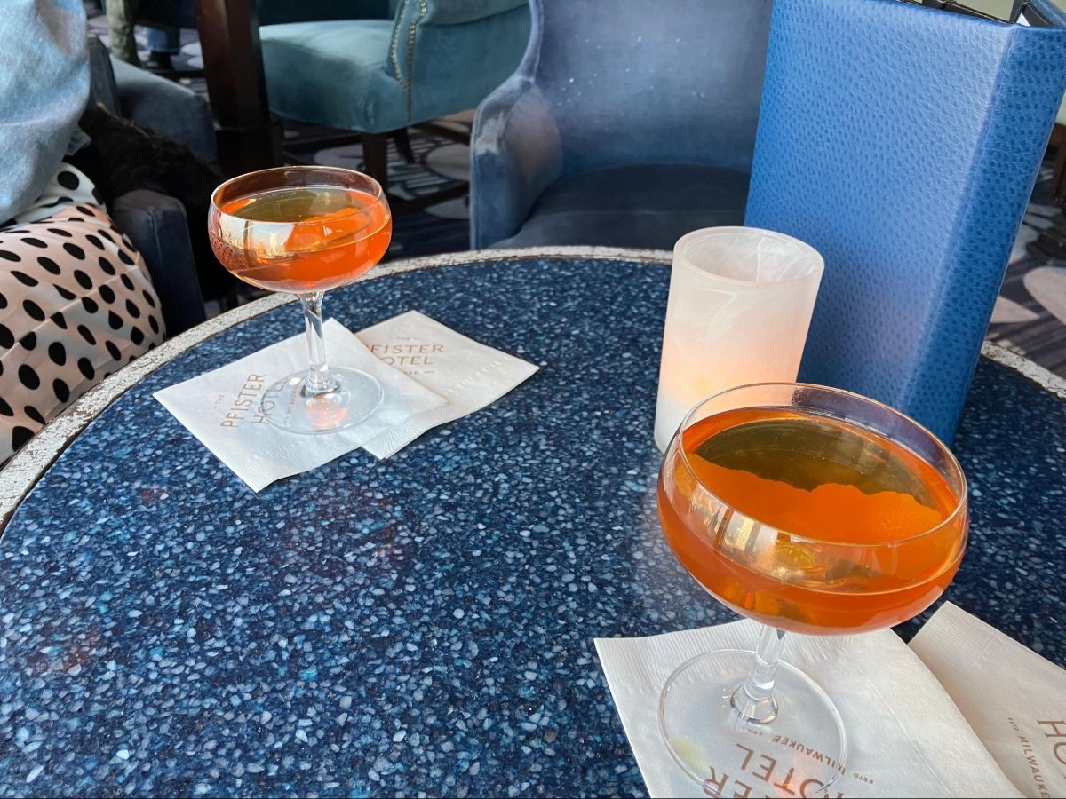 Two glasses of Rolls Royce cocktails at the Pfister rooftop bar