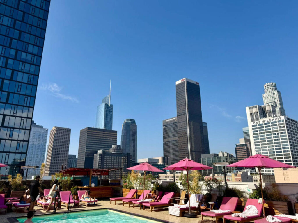 View of the skyscrapers from the rooftop pool at Freehand