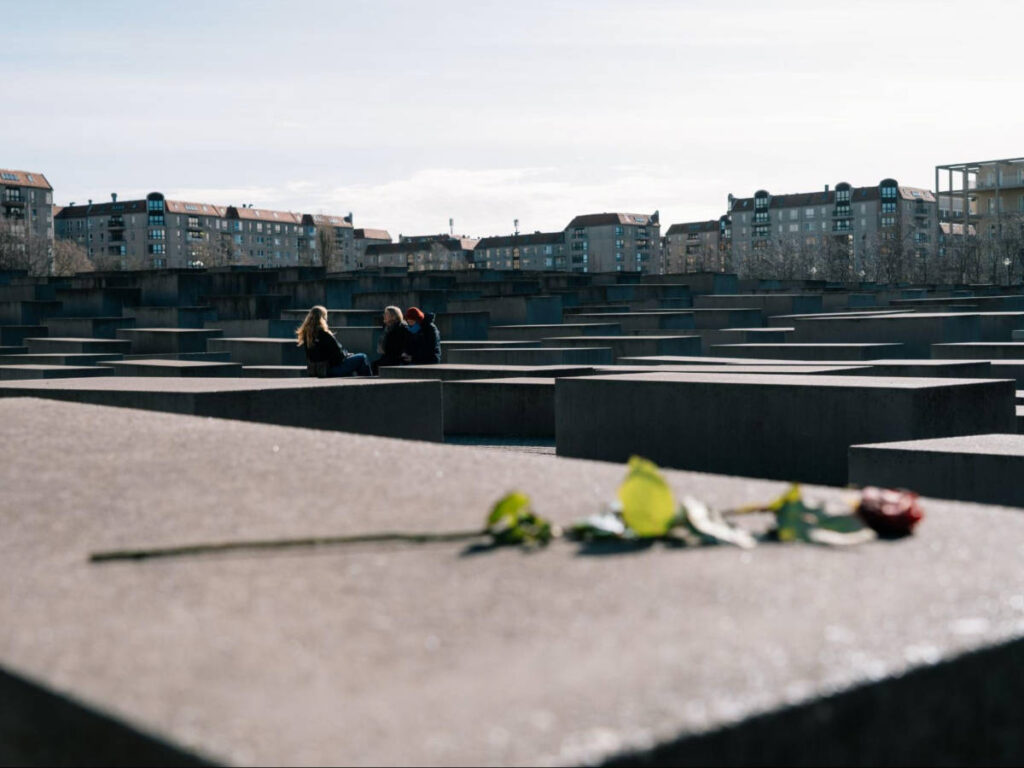 A single rose left at the Holocaust Monument