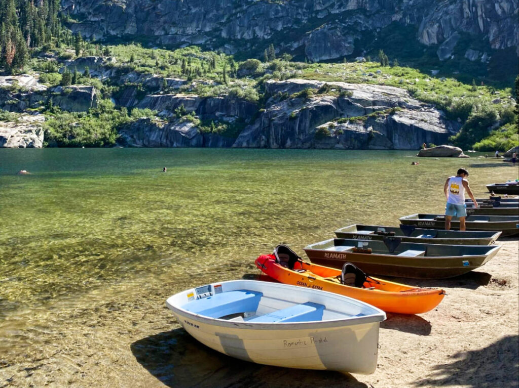 Lined rowboat rentals at upper Angora Lakes