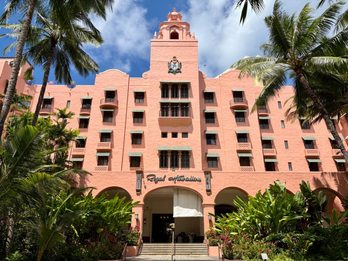 View of the pink exterior of Royal Hawaiian