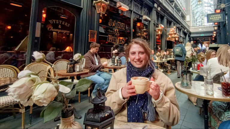 The author Ruthie Walters, enjoying her coffee in Castle Arcade
