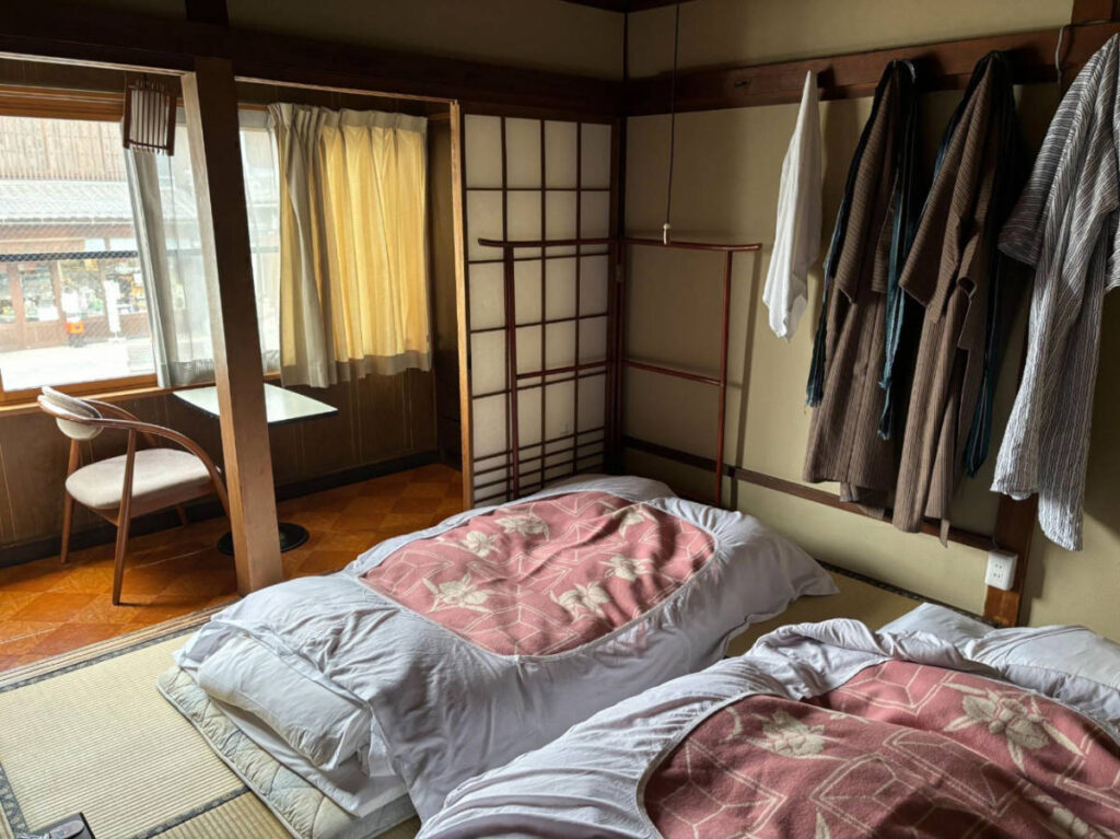 View of the bed at a traditional ryokan stay in Nagano