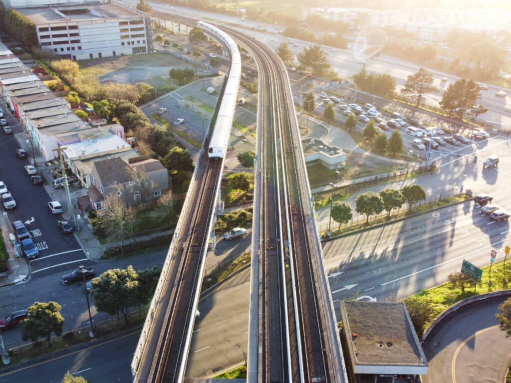 Aerial view of a rail in SF BART train