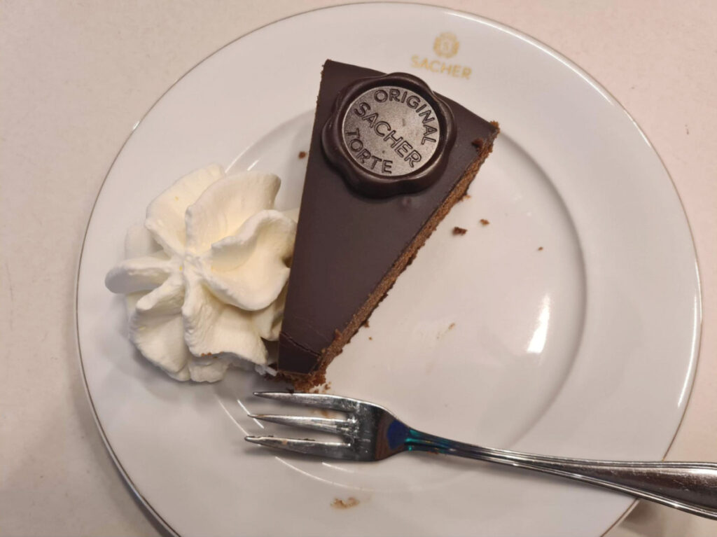 A plate of the famous Sacher Torte at Café Sacher