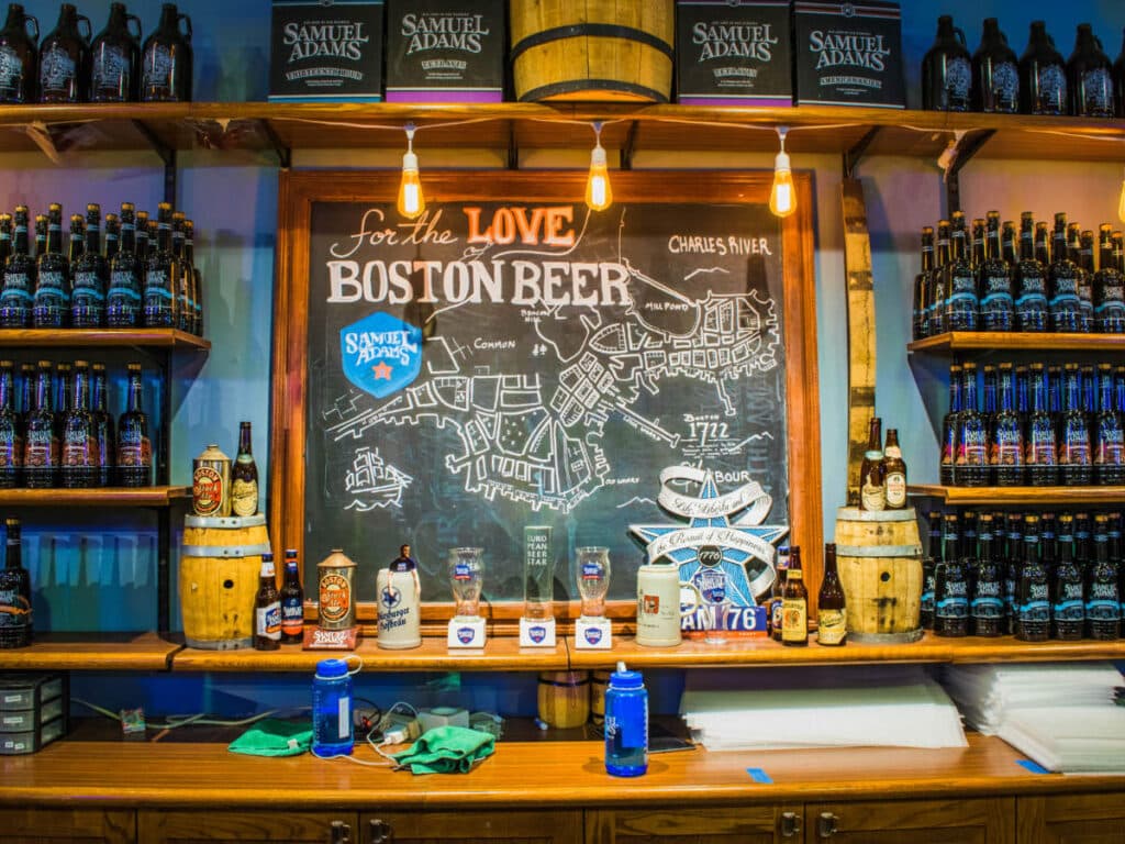Beer bottles displayed at the Samuel Adams Brewery