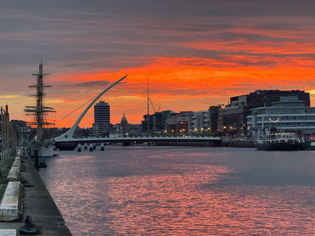 View of the Samuel Beckett Bridge at sunset
