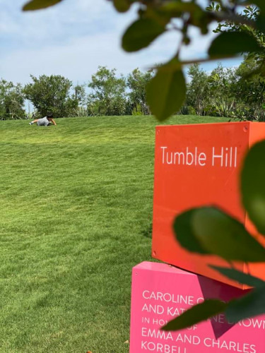 A kid tumbling down the Tumble Hill at San Antonio Botanical Garden