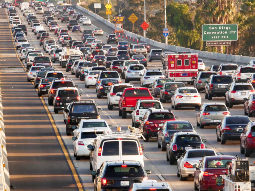 Aerial view of the long traffic jam at the freeway in San Diego