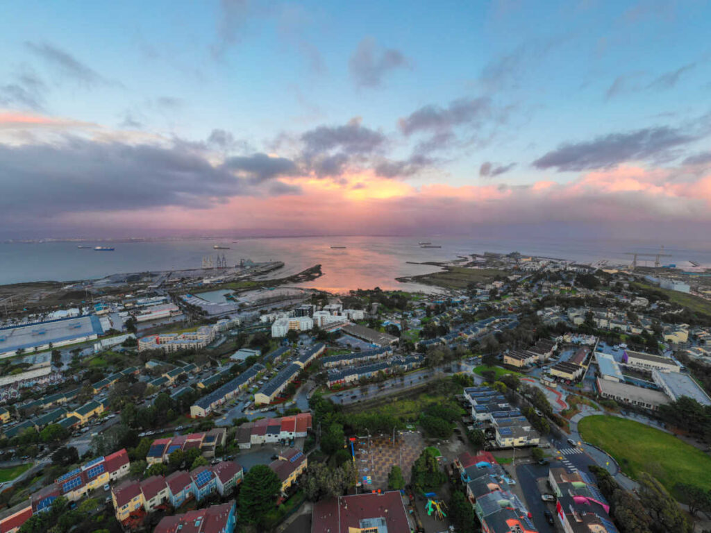 Scenic sunset views over the shipyards in Hunters Point