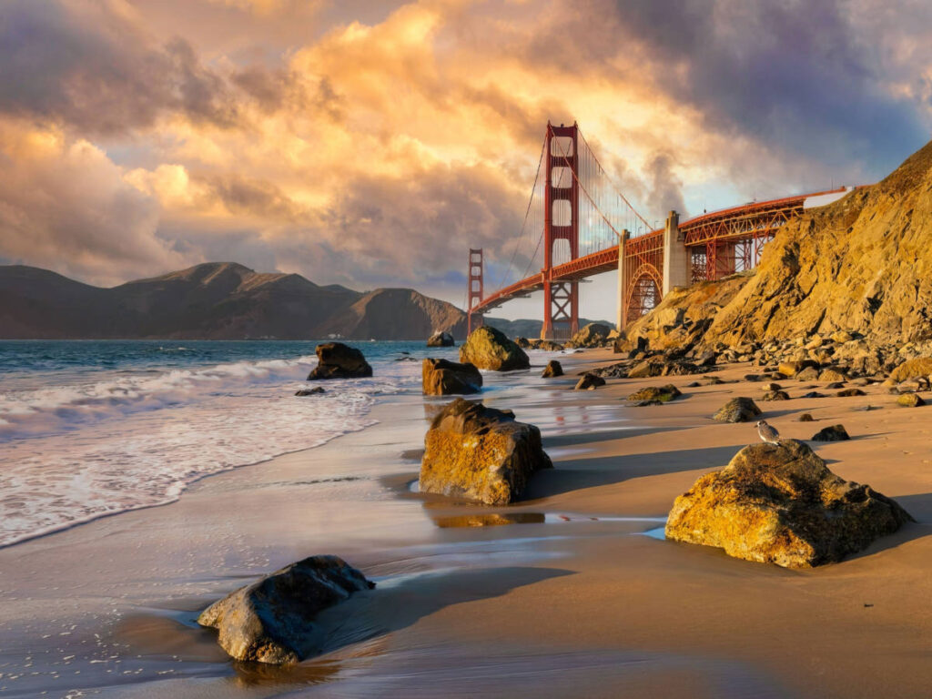 View of the San Francisco’s Golden Gate Bridge during sunset