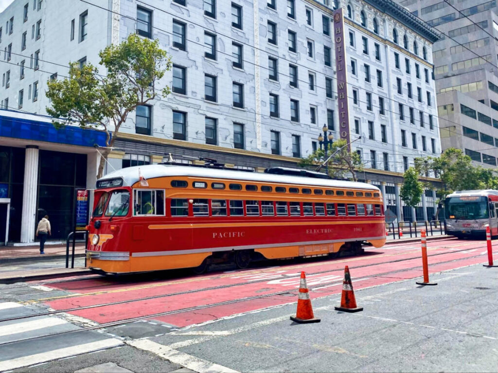 The historic streetcars and buses in San Francisco
