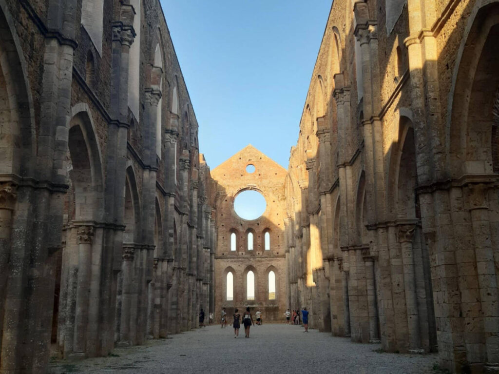 View of the roofless walls of San Galgano Abbey