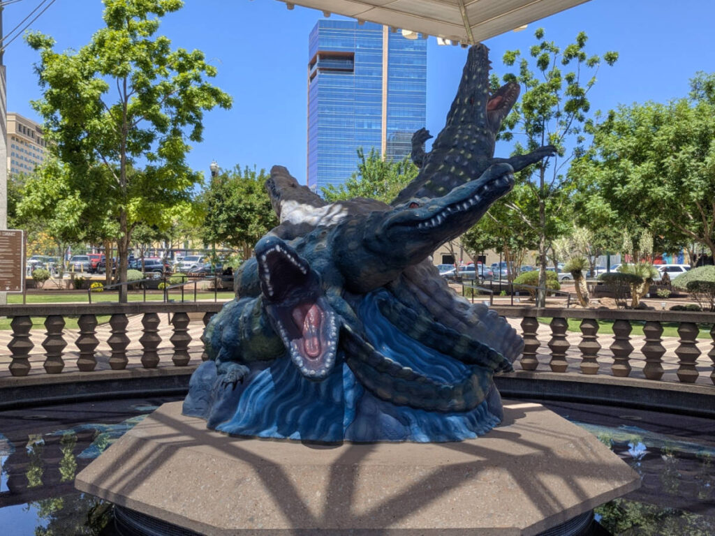 Statue of alligators at San Jacinto Plaza