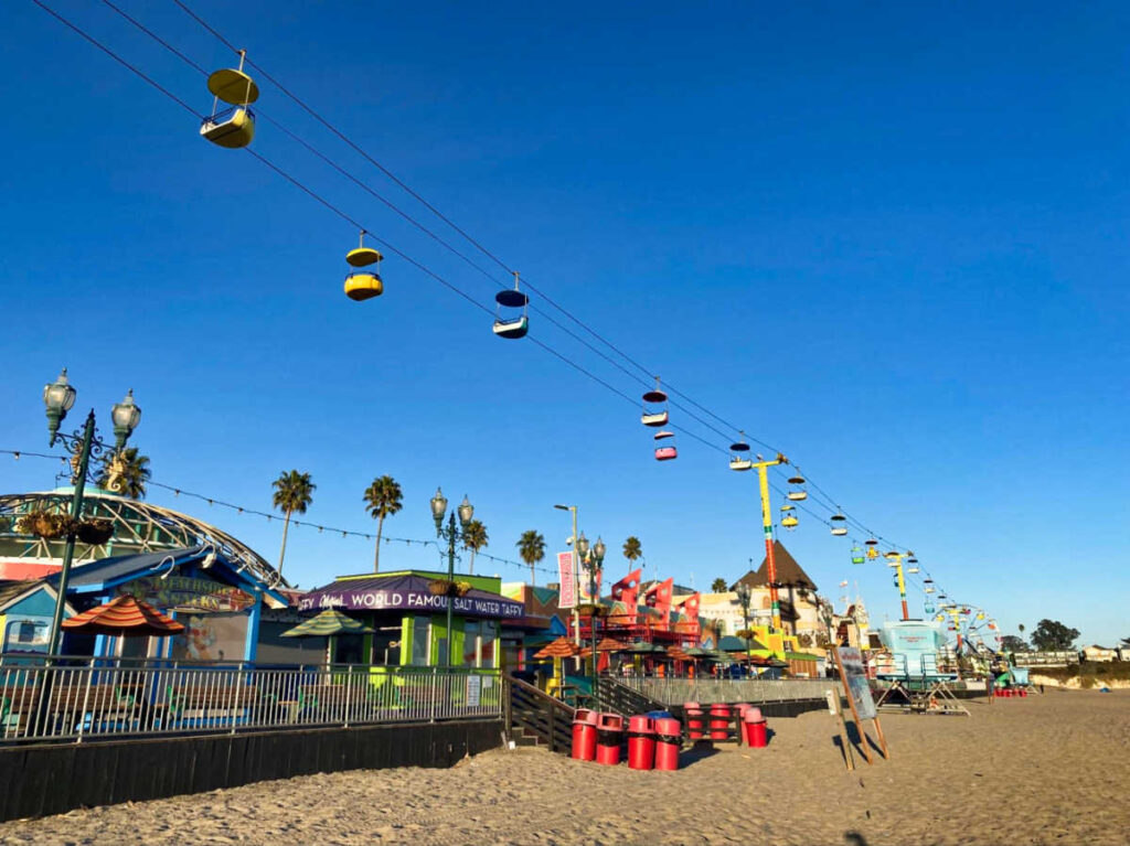View of the colorful amusement park at the Santa Cruz Boardwalk