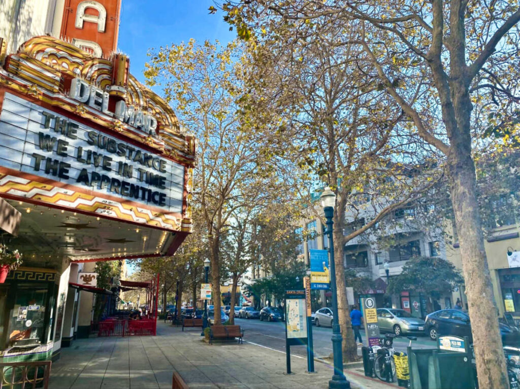 View of the empty sidewalk outside the theater in Santa Cruz Downtown