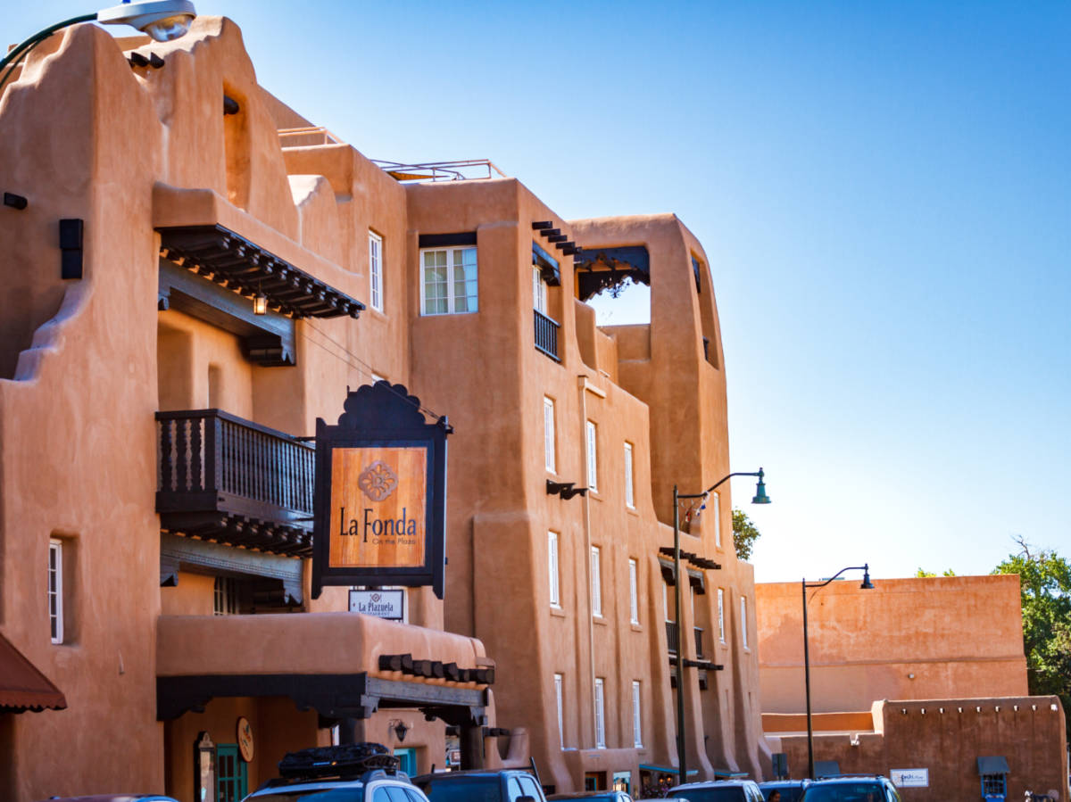 Exterior view of the La Fonda Hotel at the Santa Fe Plaza