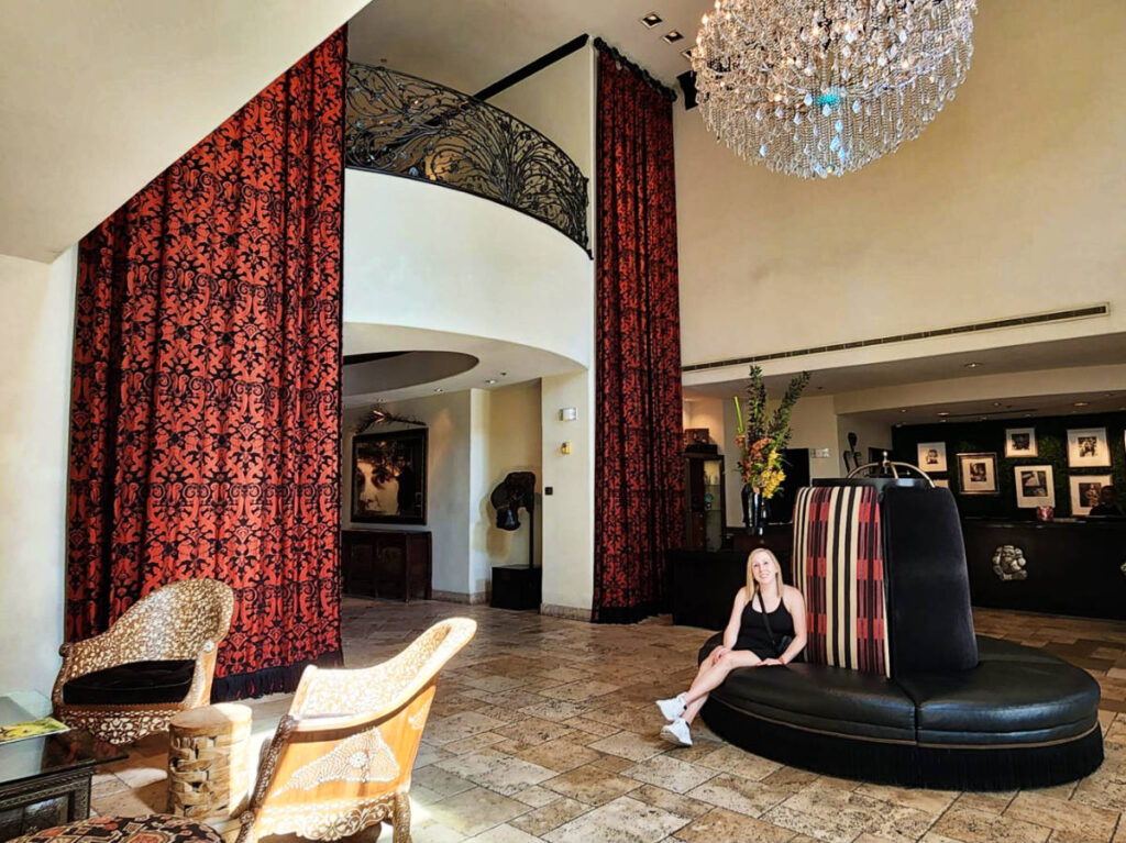 The author Sarah Heath, sitting at the lobby in Hotel Zaza