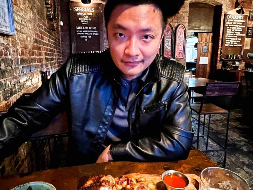 The author Sarah Heath’s partner, dining at Armoury D.E.