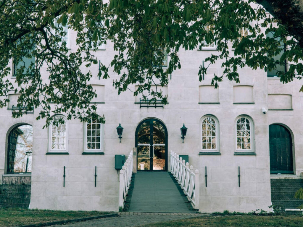 White building near a large tree