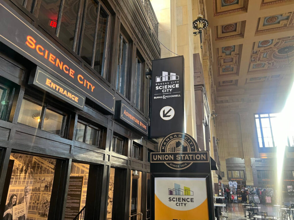 View of the signage and the entrance of the Science City at Union Station