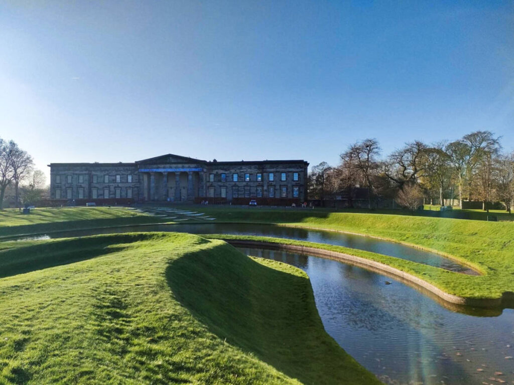 Panoramic view of the lake at the National Galleries for Scotland Modern Art Museum