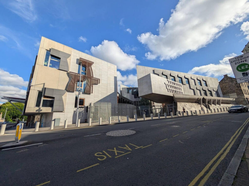 View of the controversial facade of the Scottish Parliament Building from across the street