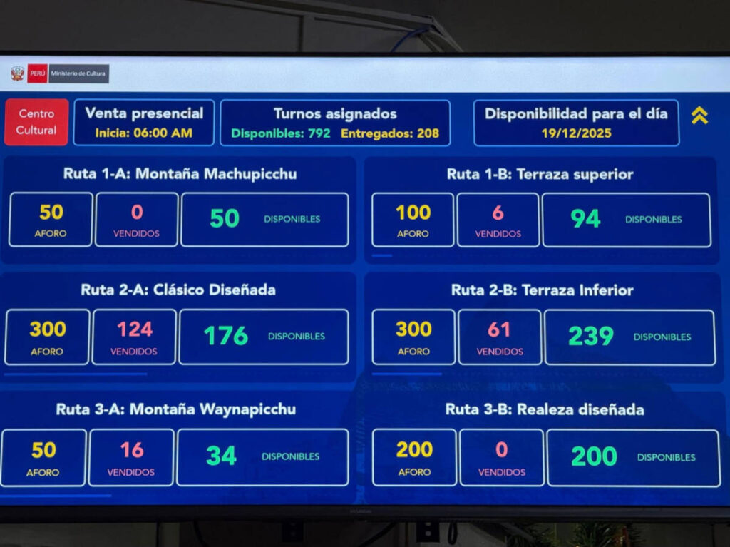 View of the ticket status on the screen in the Machu Picchu ticket office in Aguas Calientes