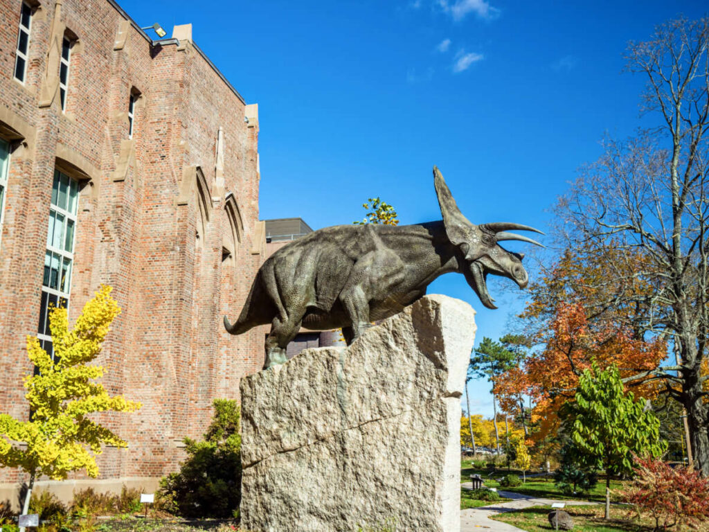 A dinosaur sculpture outside the Yale Peabody Museum