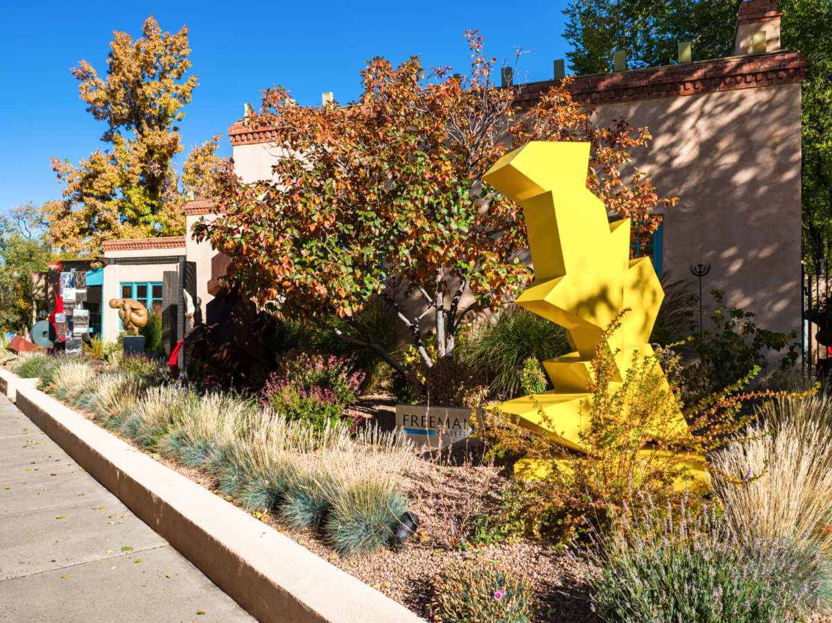 View of the sculptures and art galleries along Canyon Road