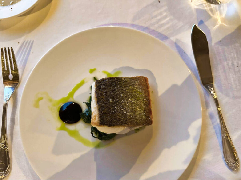 A plate with sea bass and sauce on the side
