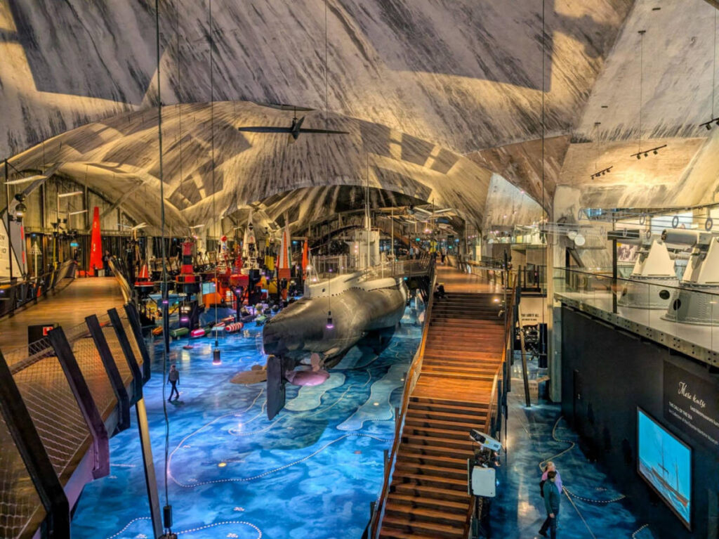 View inside the Seaplane Harbour Museum featuring the Lembit, a wartime submarine