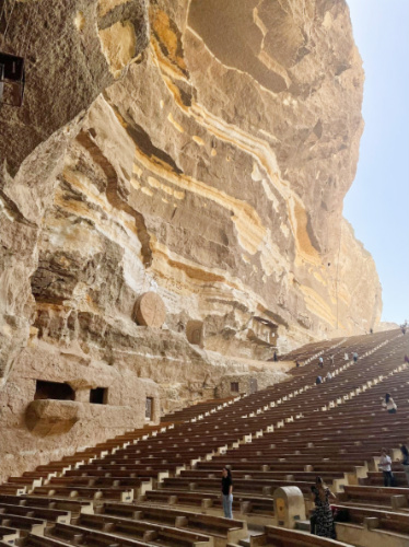 View of the seats at the Interior of Cave Church of Saint Simon
