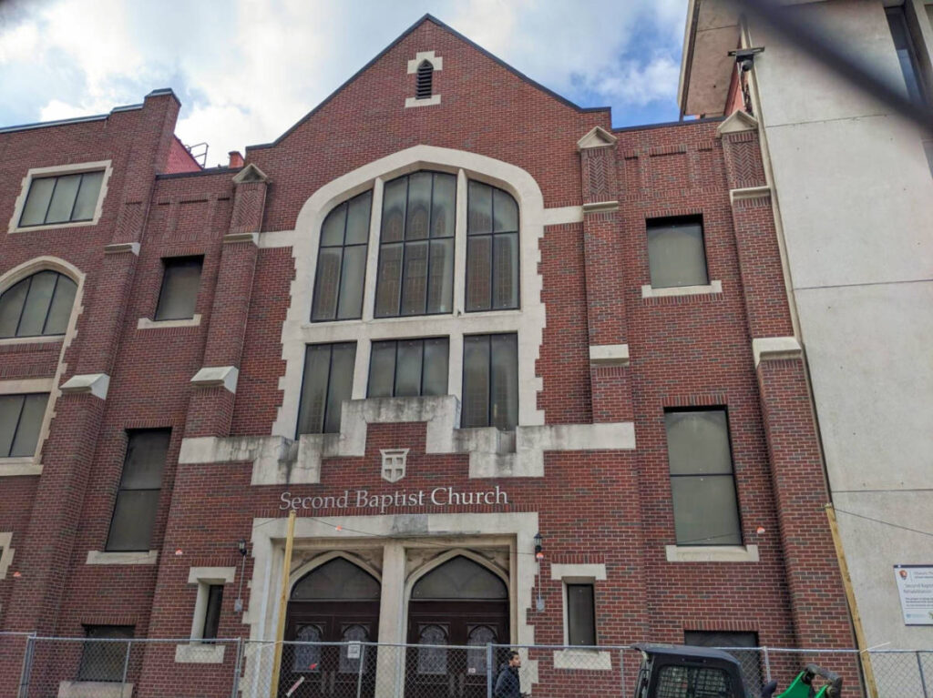 The brick walled exterior of the Second Baptist Church
