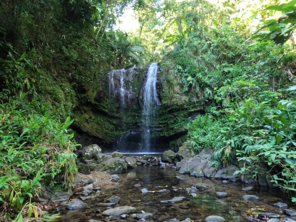 View of the second waterfall surrounded by greenery in Las Delicias