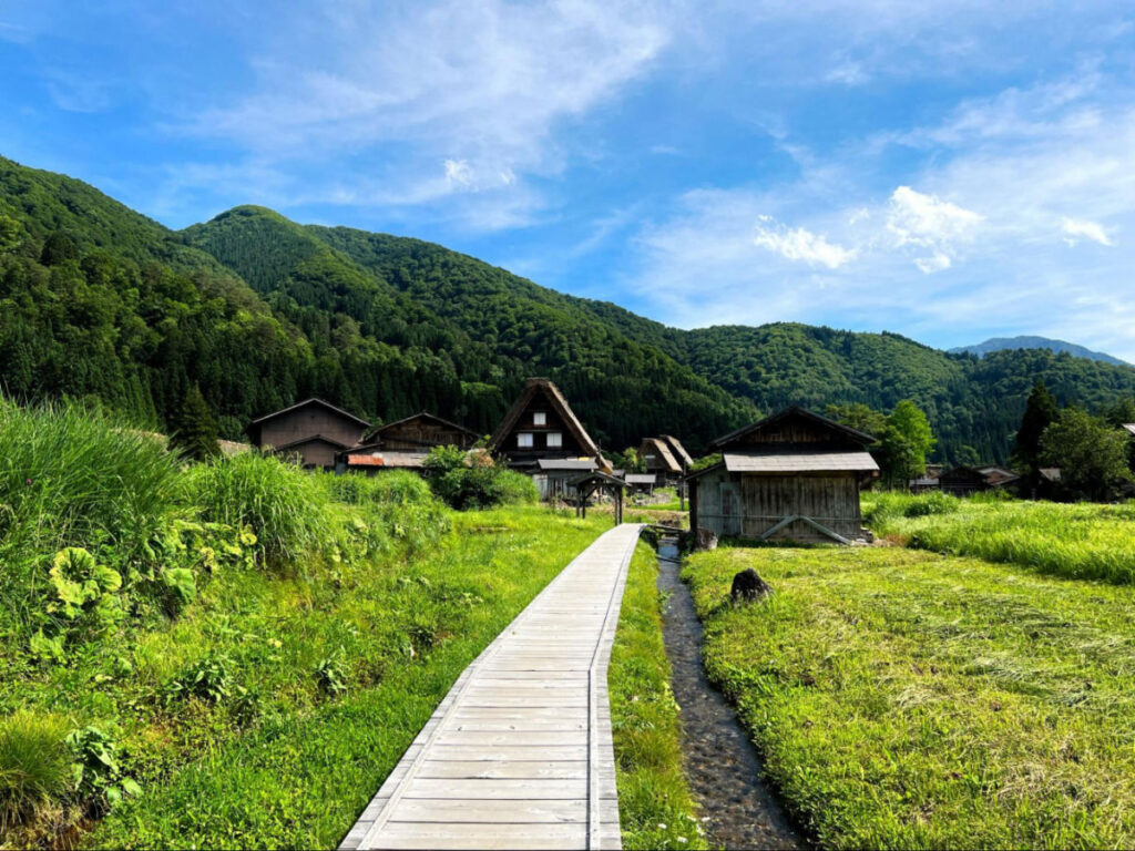View of the wooden duckboard paths at Shirakawa Go Gassho Zukuri
