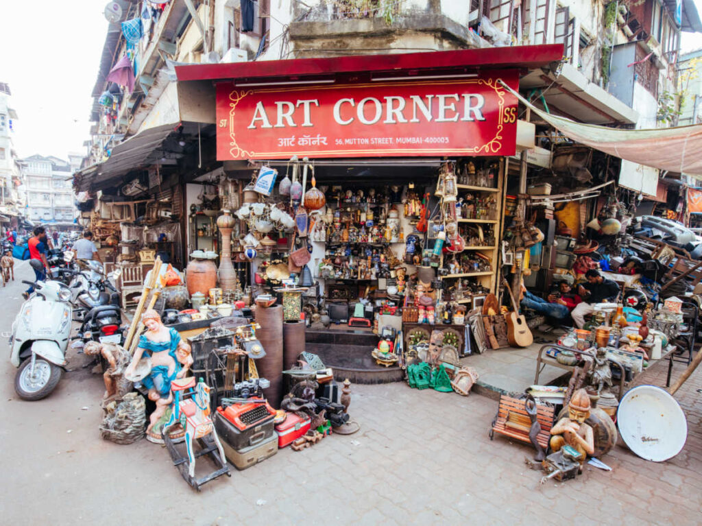 View of a shop of vintage and antique knick-knacks from the outside in Chor Bazaar