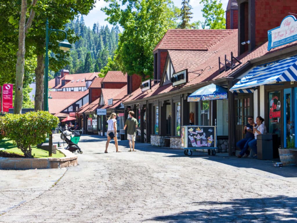 View of the people wandering around the shops at Lake Arrowhead Village