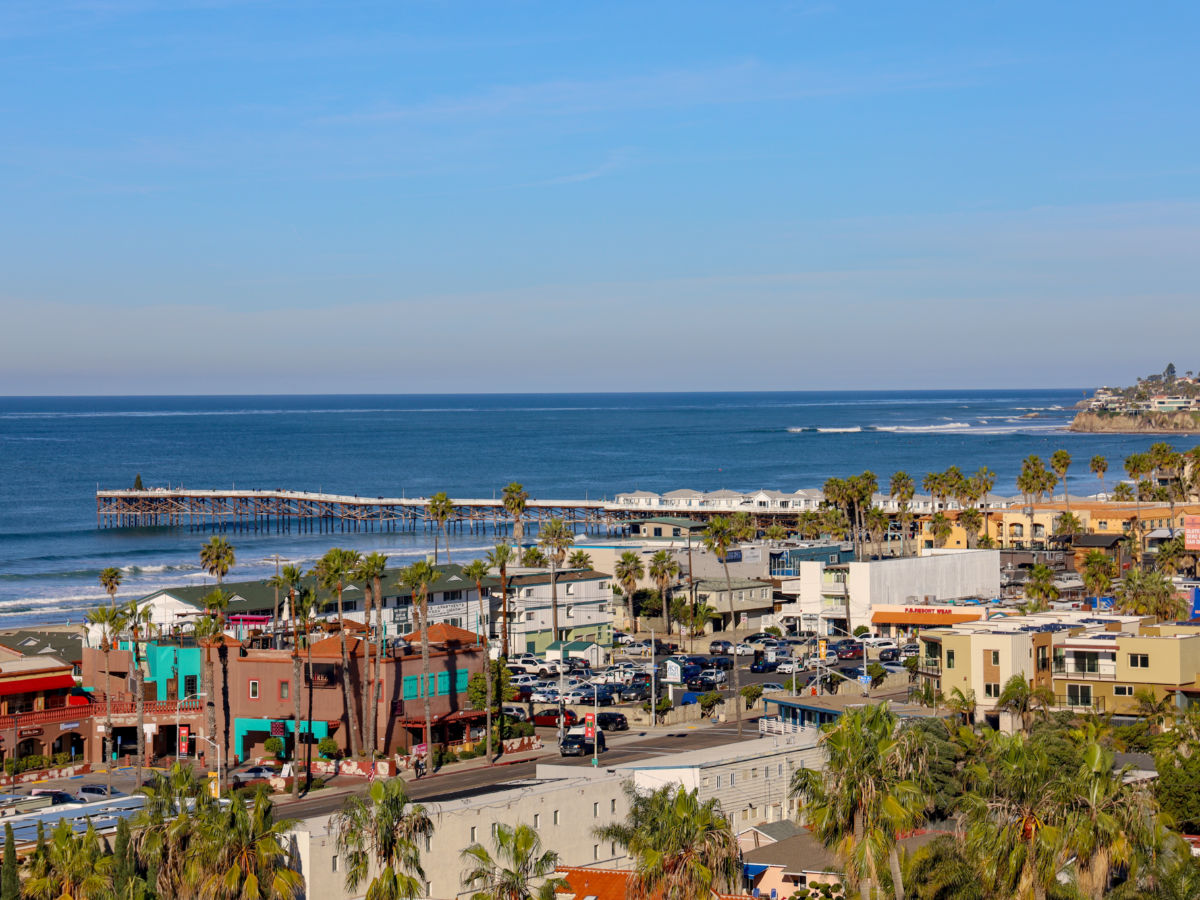 Aerial view of the pier and shops at Pacific Beach