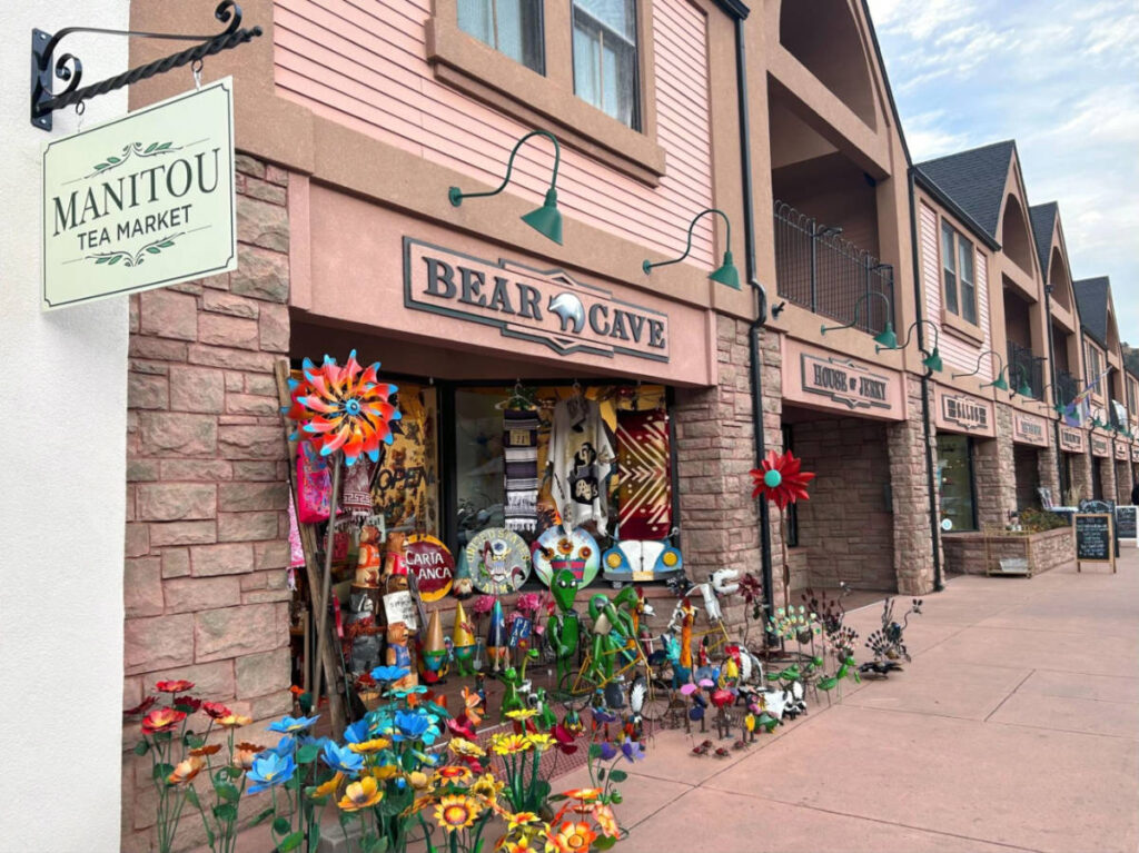 View of the products displayed outside the shops in Manitou