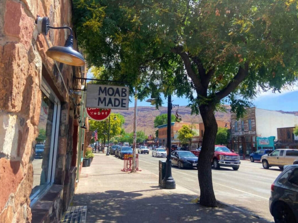 View of shops and restaurants in downtown Moab