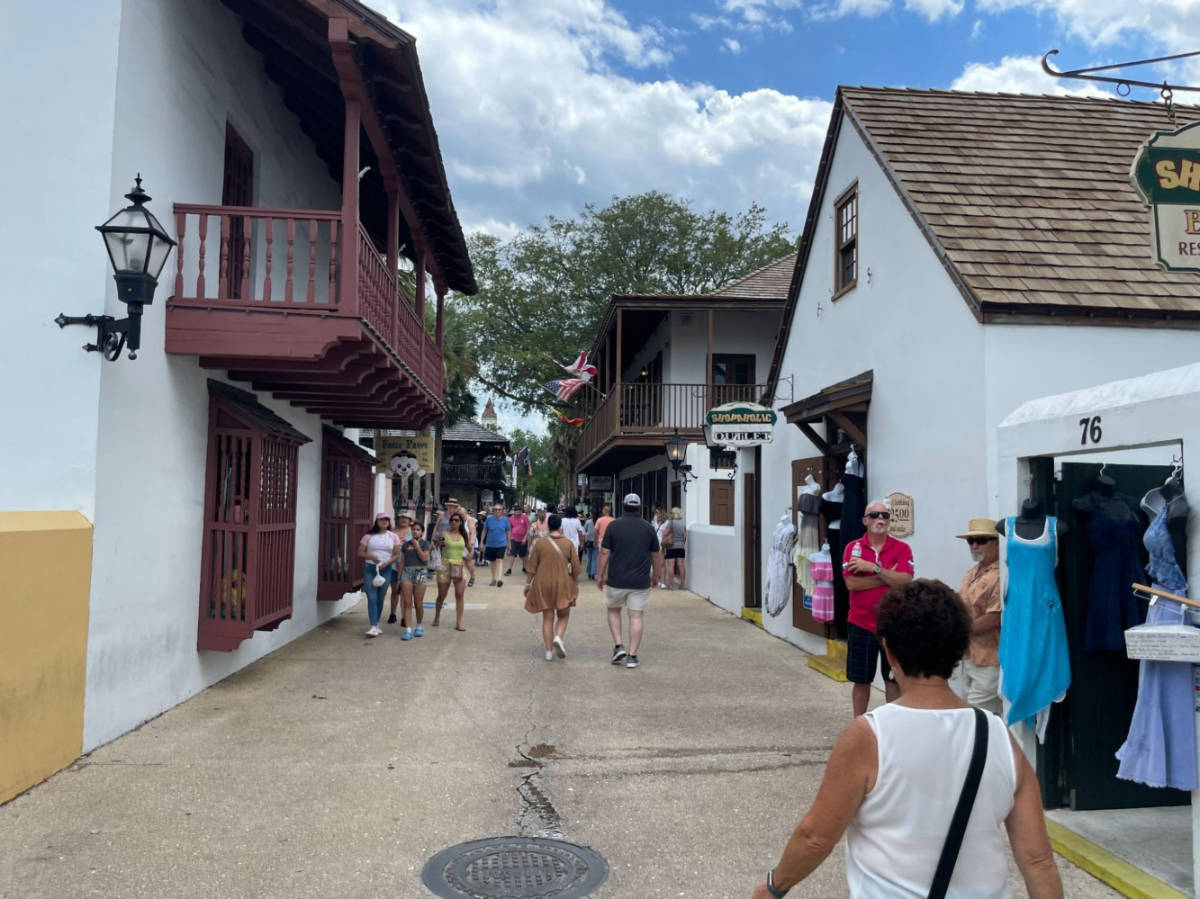 People walking along a street with shops around in the Historic District
