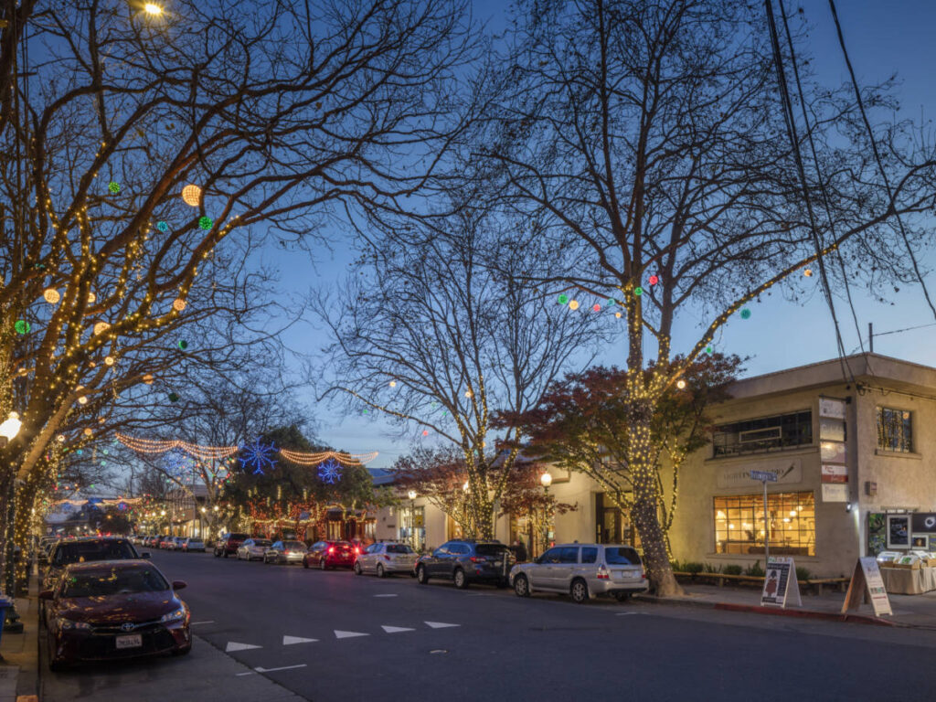 The shops along the Fourth Street lit up at night during the holiday season