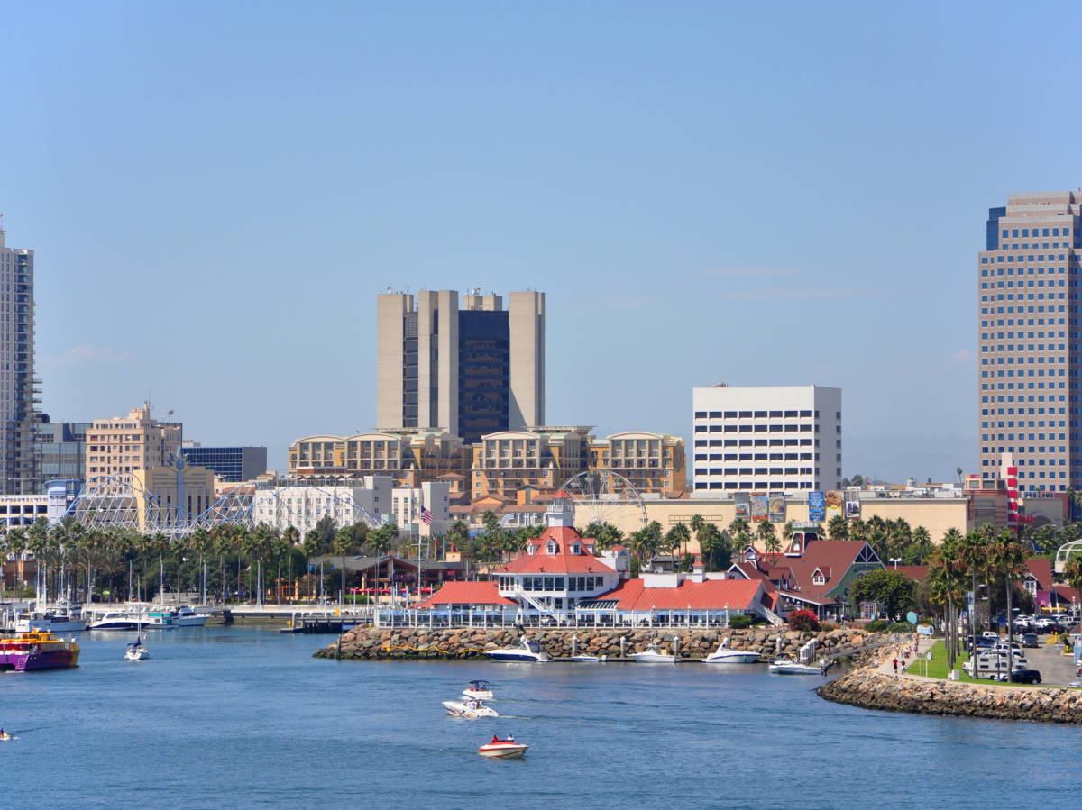 Panoramic view of the skyline of Shoreline Village and downtown Long Beach from across the water