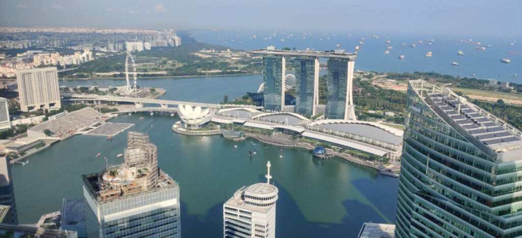 Panoramic aerial view of the Singapore’s Marina Bay and downtown areas