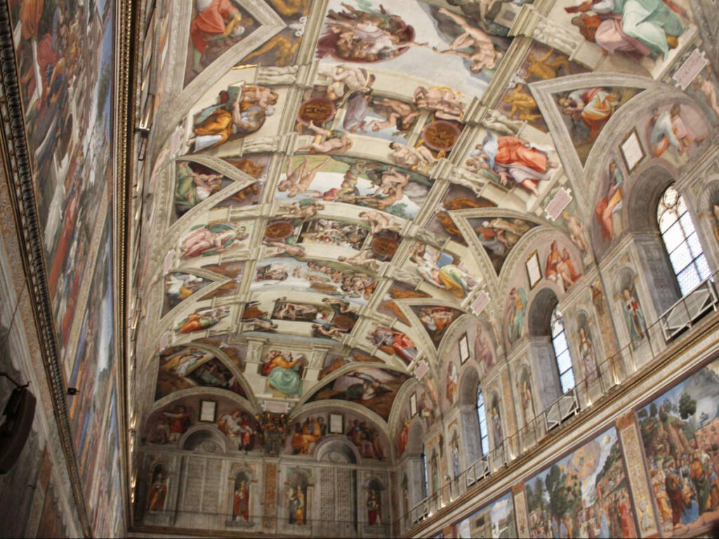 View of the mural on the ceiling of Sistine Chapel